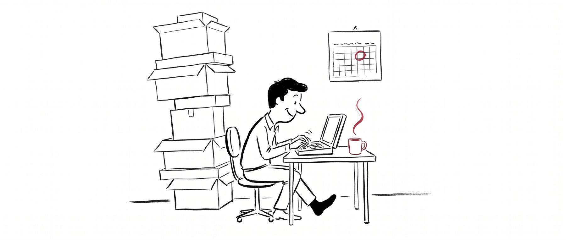 The maintainer types happily on a new laptop while a tower of abandoned boxes leans behind him. A wall calendar carries one day circled in red.